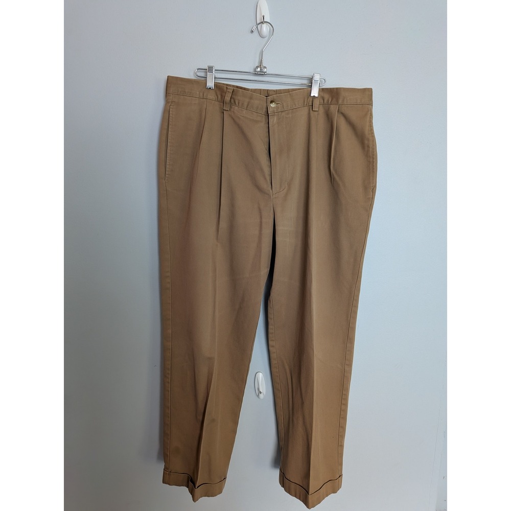 Izod Mens Pleated Khaki Pants 38x30 Tan Cotton Twill Cuffed Chino‎ Trousers
